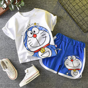 Boy's White Doraemon Print T-Shirt & Shorts Set