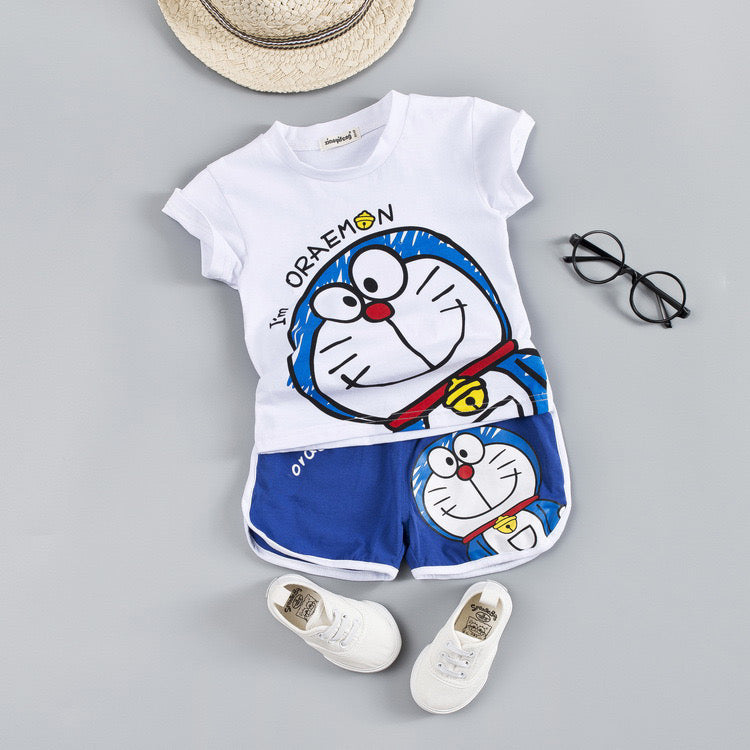 Boy's White Doraemon Print T-Shirt & Shorts Set