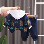 Boys Cotton Knit Denim All Over Printed Hooded Jacket, T-shirt With Jeans - Blue