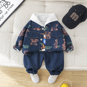 Boys Cotton Knit Denim All Over Printed Hooded Jacket, T-shirt With Jeans - Blue
