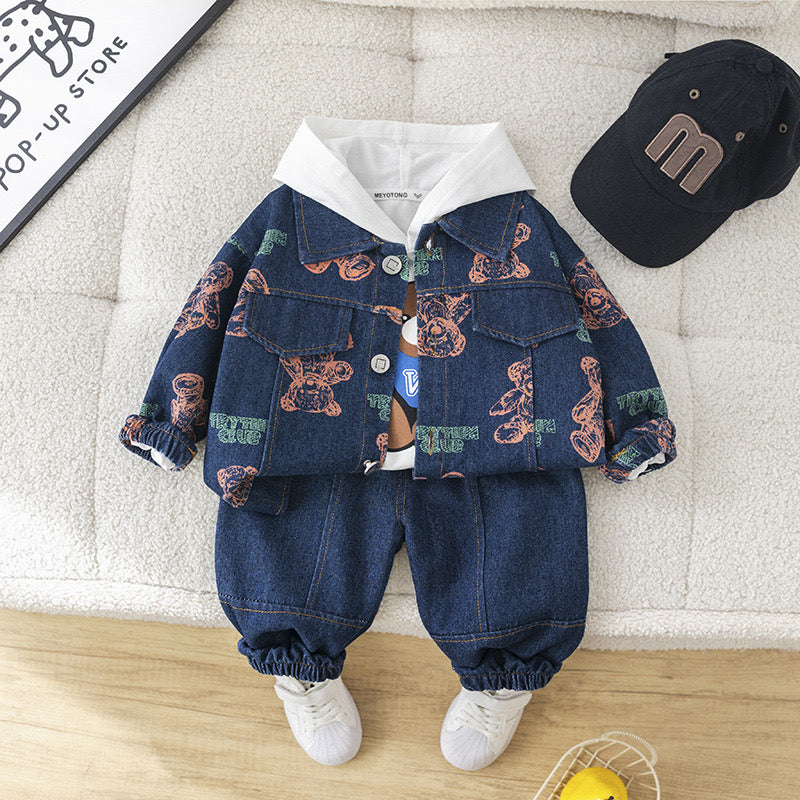 Boys Cotton Knit Denim All Over Printed Hooded Jacket, T-shirt With Jeans - Blue