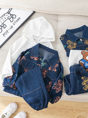 Boys Cotton Knit Denim All Over Printed Hooded Jacket, T-shirt With Jeans - Blue