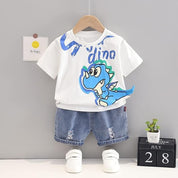 Boy's Dino Print T-Shirt & Denim Shorts Set