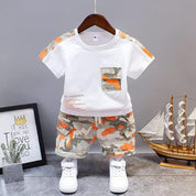 Boys Cotton Half Sleeves Tee & Shorts Set Pack Of 2  - Red Teddy & Orange Letter print