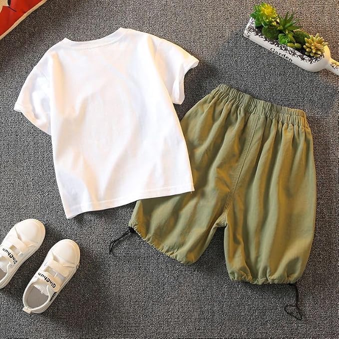 Boy's White Dino Print T-Shirt & Denim Shorts Set