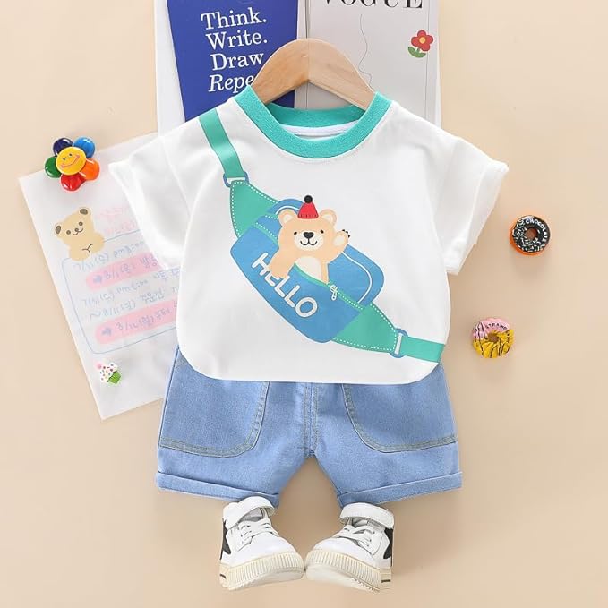 Boy's White Hello Print T-Shirt & Shorts Set