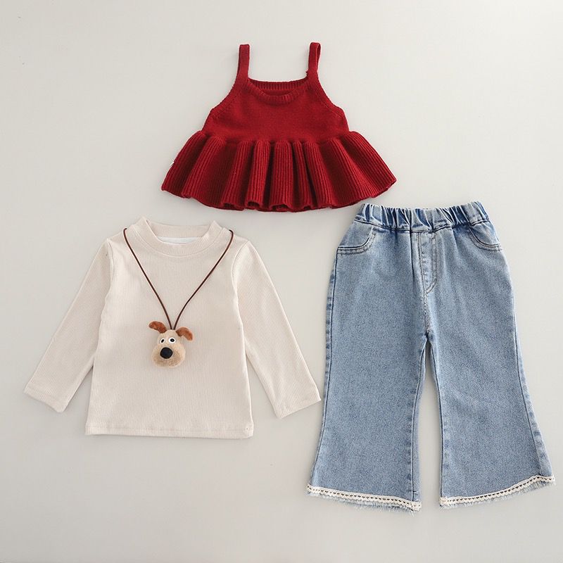 Girls Red Dog Top with Denim Pant