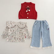 Girls Red and Flower Print top With Denim Pant