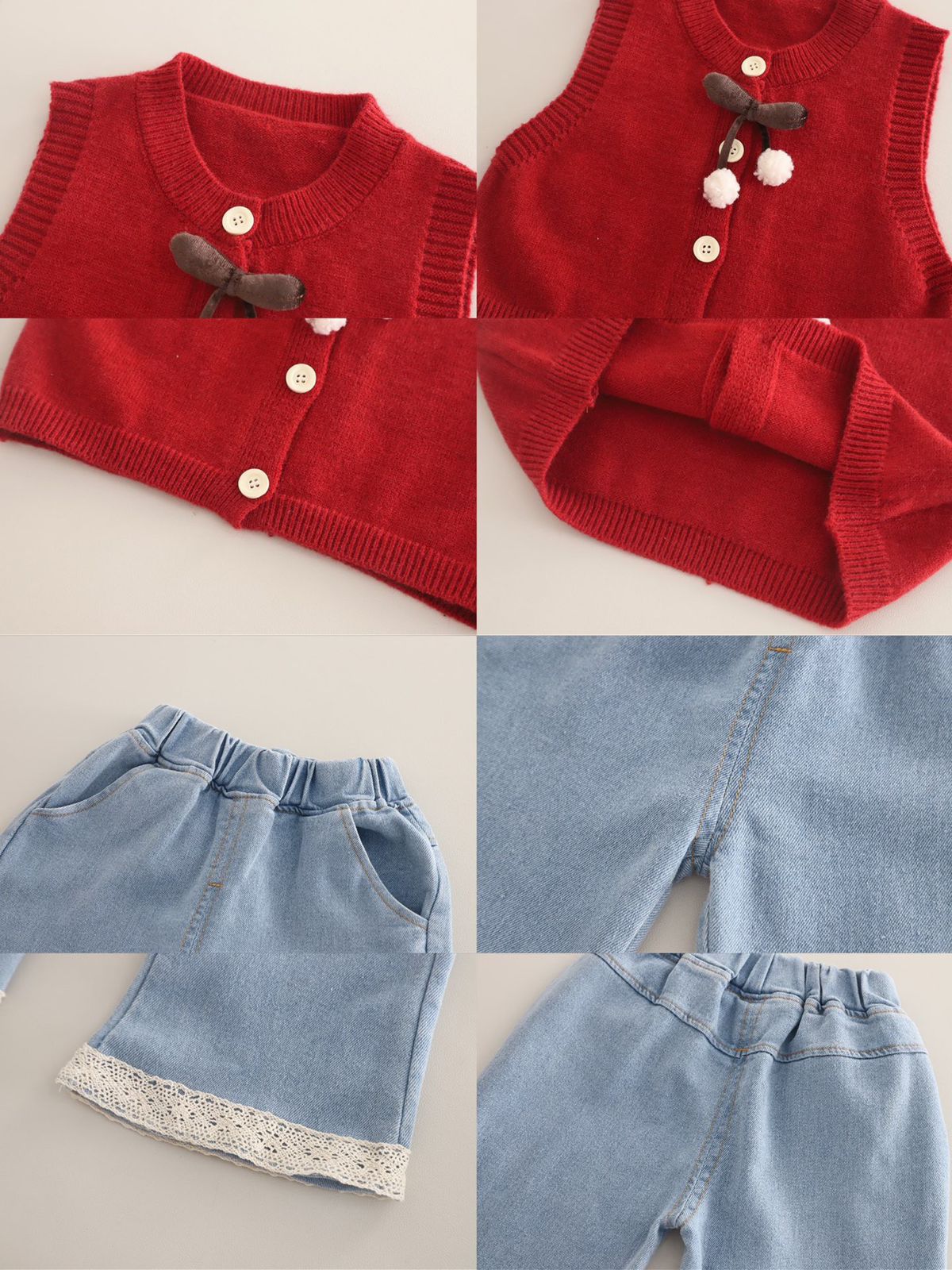 Girls Red and Flower Print top With Denim Pant