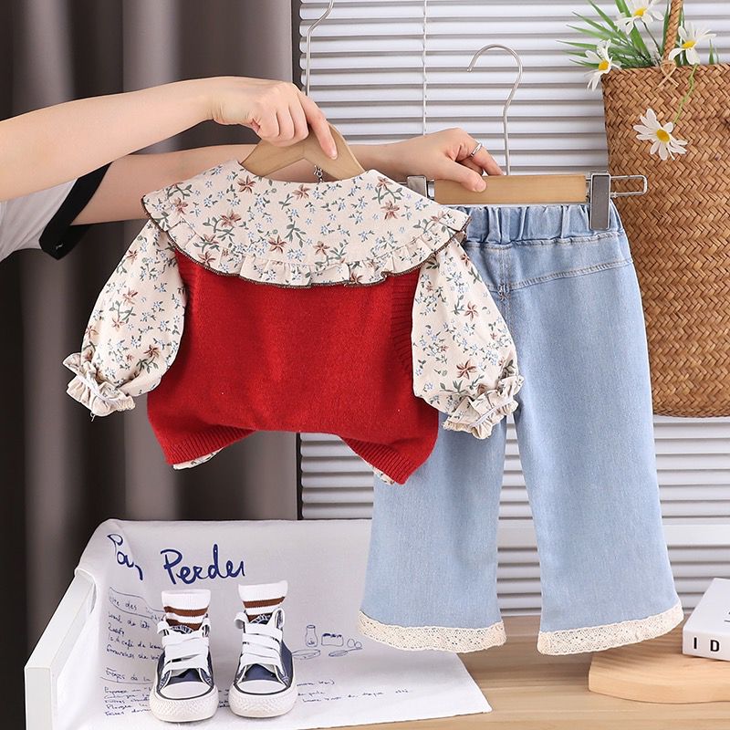 Girls Red and Flower Print top With Denim Pant