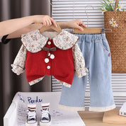 Girls Red and Flower Print top With Denim Pant