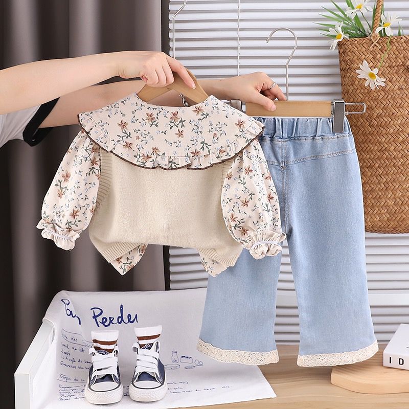 Girls White and Flower Print top With Denim Pant
