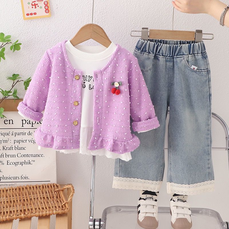 Girls Lavender Jacket with Button Closer with Denim Pant