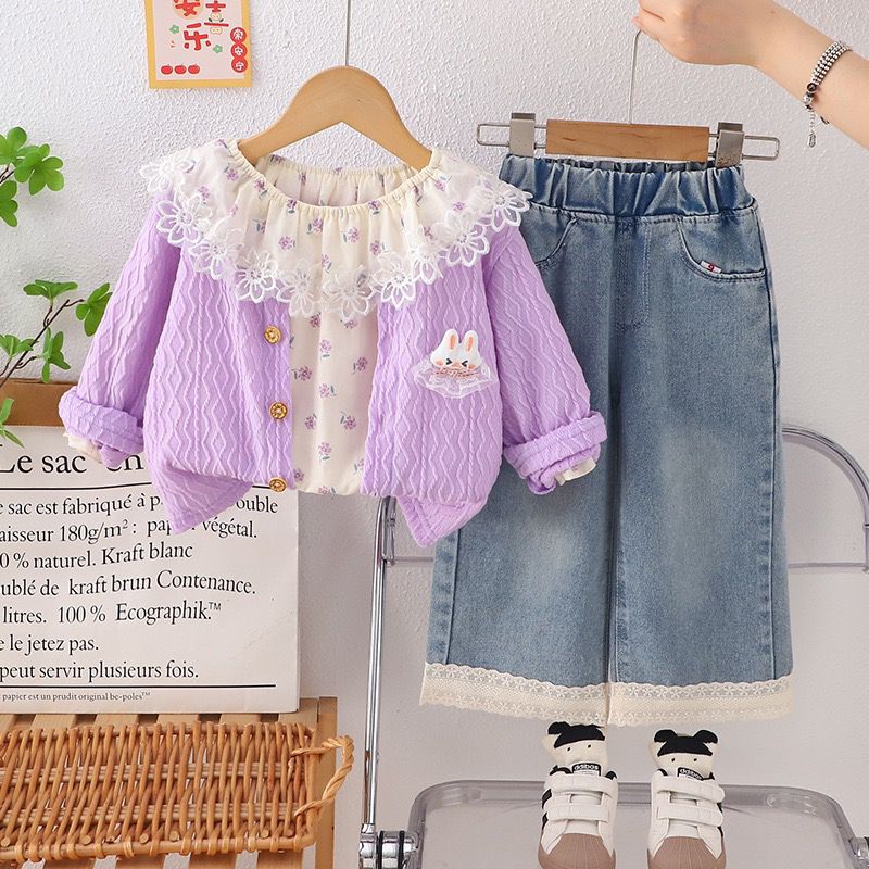 Girls Lavender Kitty Jacket with Denim Pant