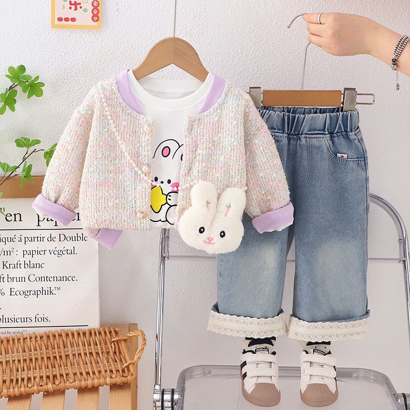 Girl's Purple Rabbit Jacket With Denim Pant