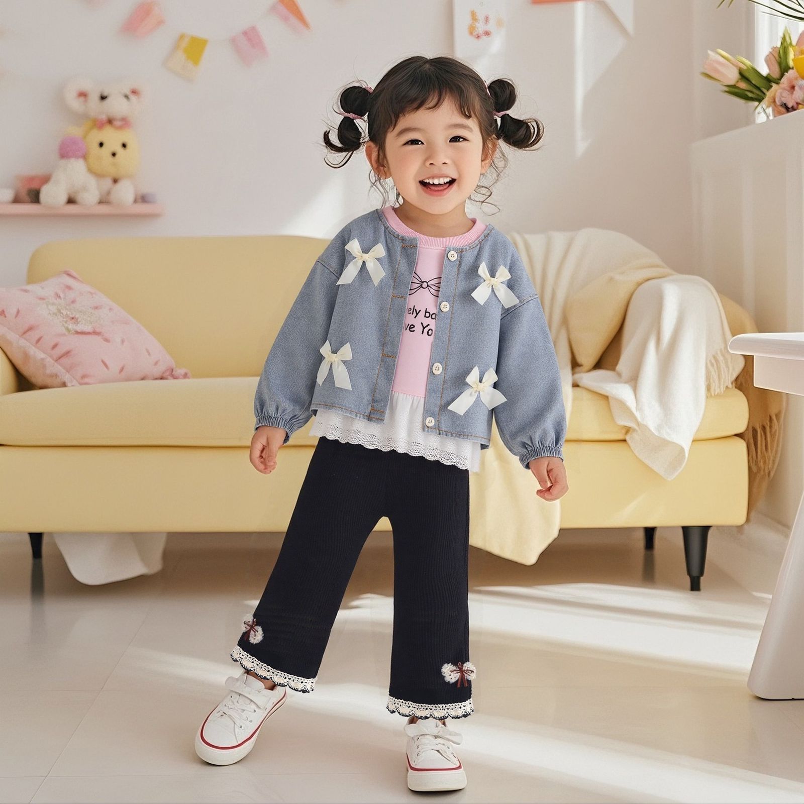 Girls Denim Jacket With Pink SweaSweatshirt And Pant