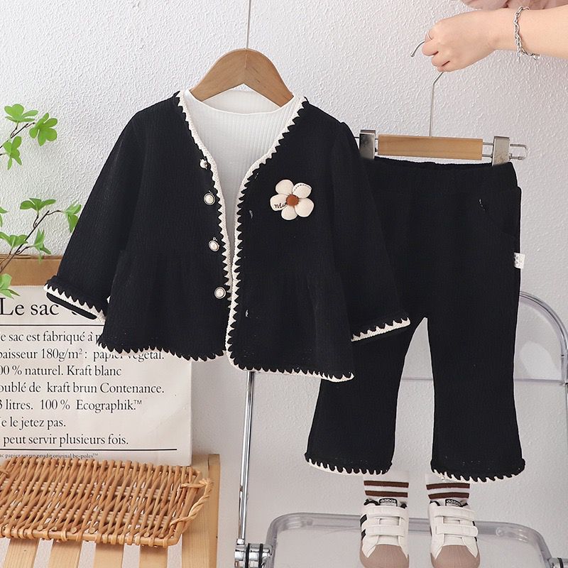 Girls Black jacket With White Flower and Pant
