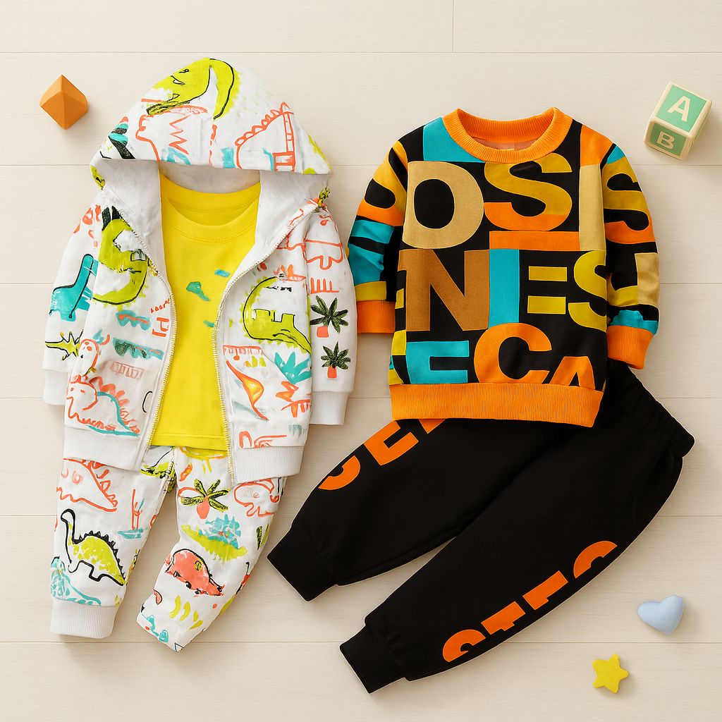 Boys Cotton Knit Full Sleeves Semi Winter All Over Print Sweatshirt & Joggers Set Pack Of 2 - Dino Hoodie & OrangeLetter