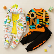 Boys Cotton Knit Full Sleeves Semi Winter All Over Print Sweatshirt & Joggers Set Pack Of 2 - Dino Hoodie & OrangeLetter