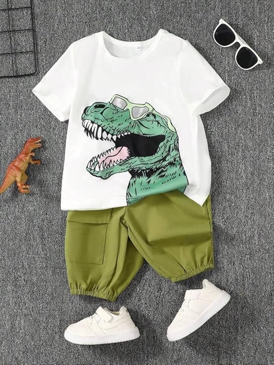 Boy's White Dino Print T-Shirt & Denim Shorts Set