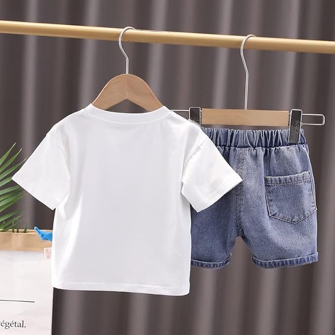 Boy's Dino Print T-Shirt & Denim Shorts Set