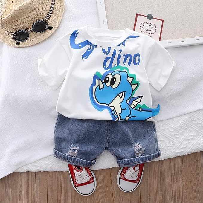 Boy's Dino Print T-Shirt & Denim Shorts Set
