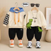 Boys Cotton Full Sleeves Sweatshirt & Joggers Set Pack Of 2  - Cream Hoody & Cream DinoSaur