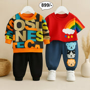 Boys Cotton Full Sleeves Pack Of 2 - Orange letter & Red rainbow Printed pant