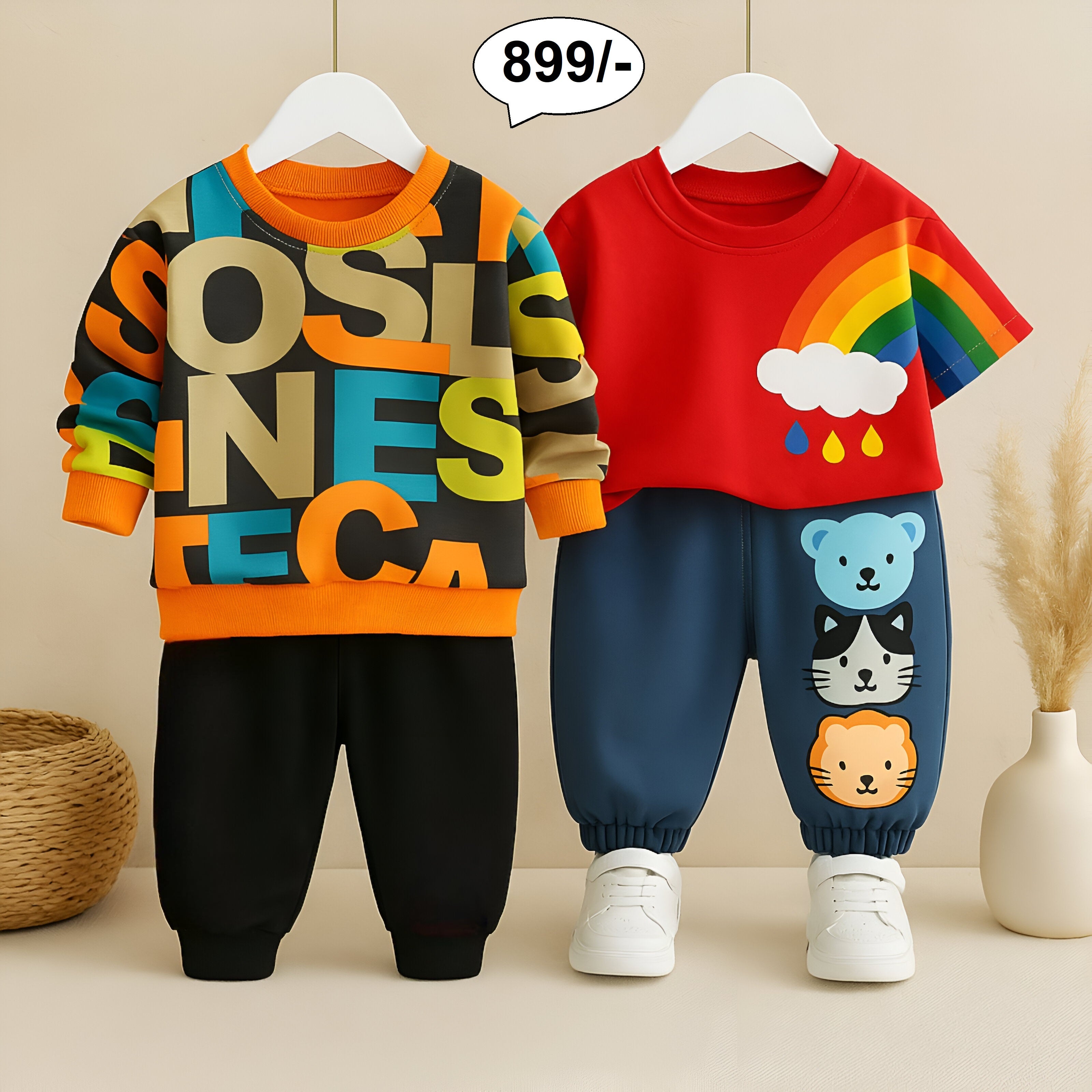 Boys Cotton Full Sleeves Pack Of 2 - Orange letter & Red rainbow Printed pant