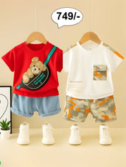 Boys Cotton Half Sleeves Tee & Shorts Set Pack Of 2  - Red Teddy & Orange Letter print