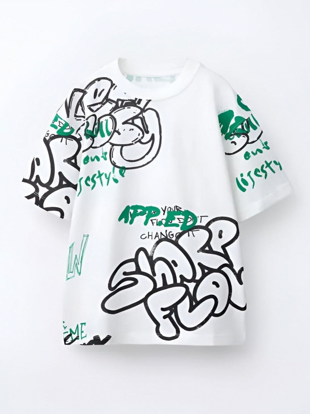 Boys Printed Round Neck Drop-Shoulder Sleeves Pure Cotton T-shirt