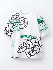 Boys Printed Round Neck Drop-Shoulder Sleeves Pure Cotton T-shirt