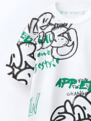 Boys Printed Round Neck Drop-Shoulder Sleeves Pure Cotton T-shirt