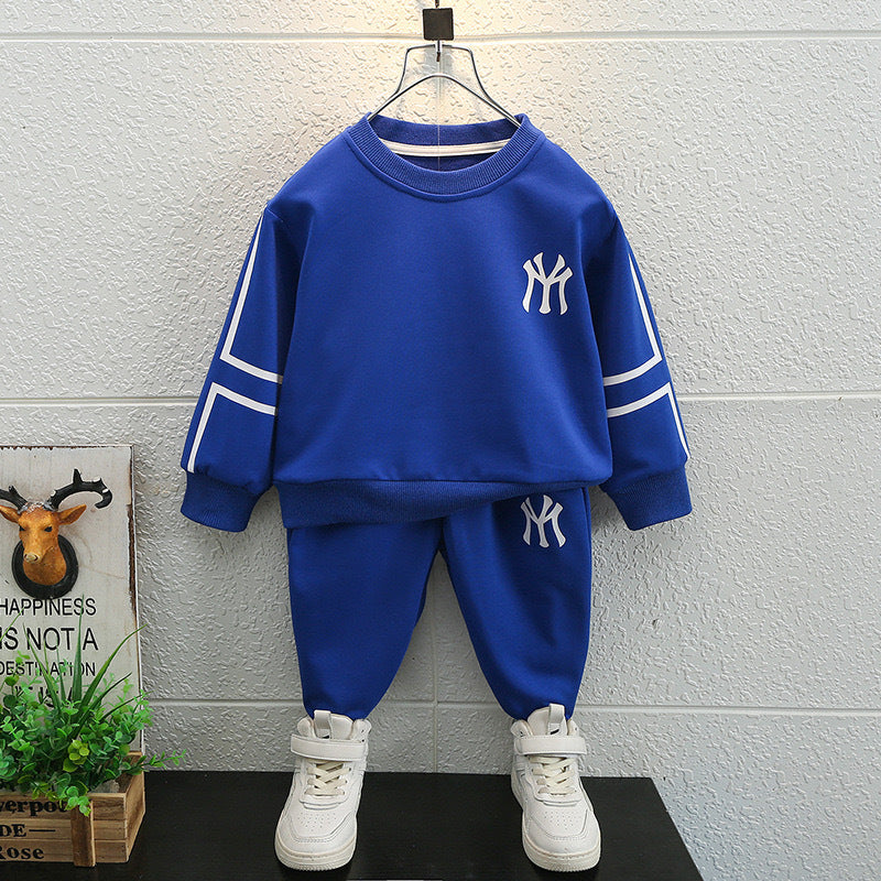 Boy's Cotton Knit Light Winter Text Printed Sweatshirt With Joggers Pant Set - Royal
