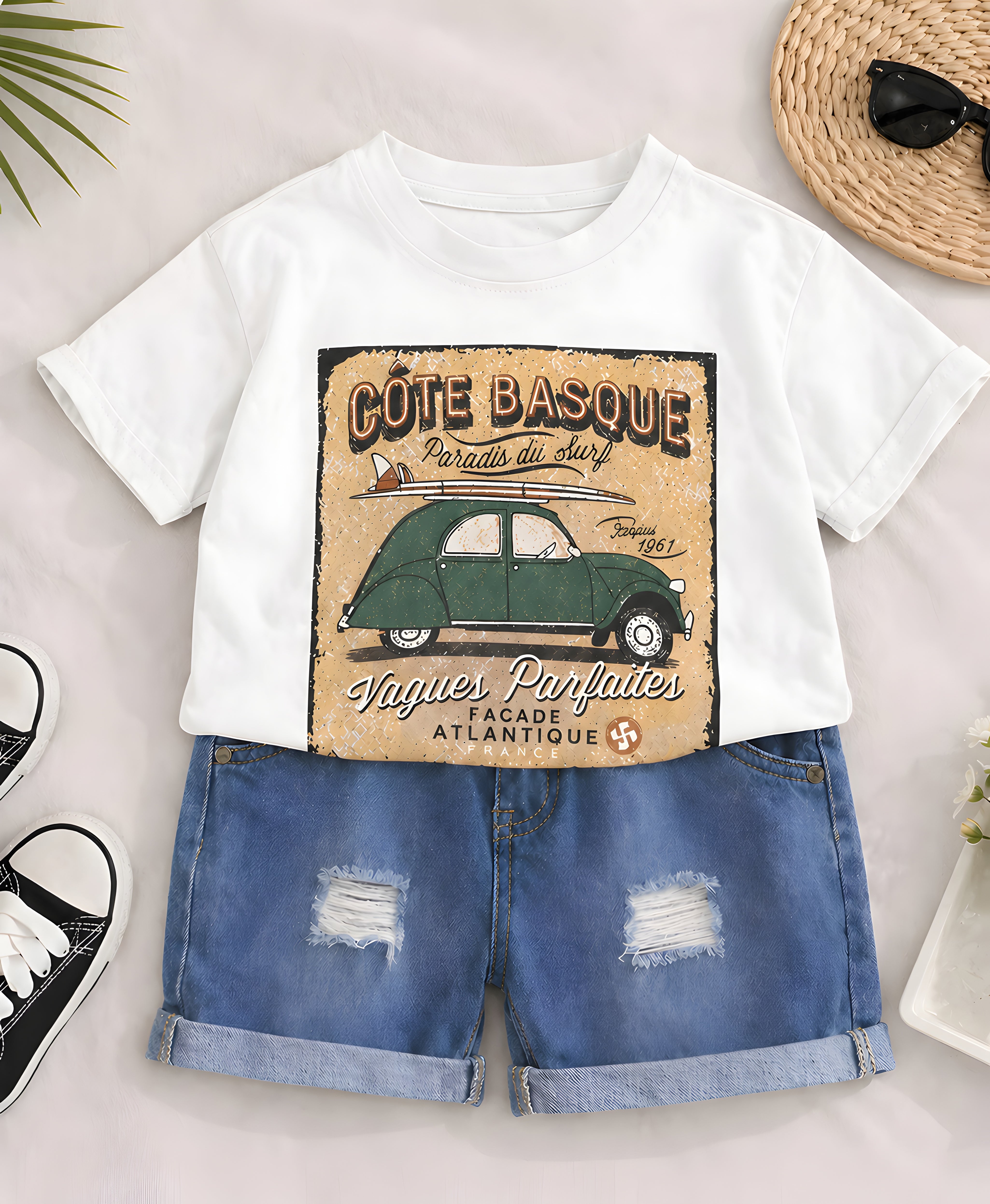 Googo Gaaga Boy's Cotton Car Print T-Shirt & Shorts Set - White