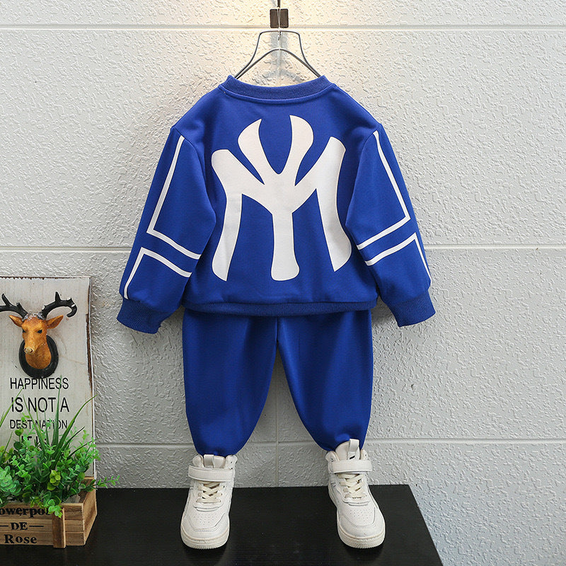 Boy's Cotton Knit Light Winter Text Printed Sweatshirt With Joggers Pant Set - Royal