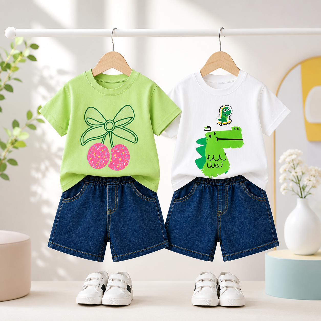 Googo Gaaga Girls Cotton Cherry & Dino Printed T-Shirt & Shorts Set pack of 2 - Green & White