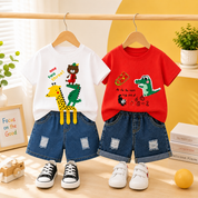 Googo Gaaga Boys Cotton Alligator & Girafffe Printed T-Shirt & Shorts Set pack of 2 - White & Red