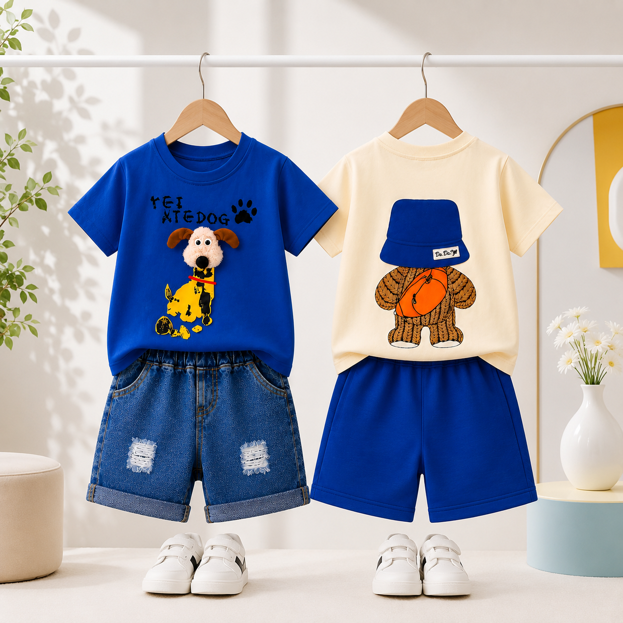 Googo Gaaga Boys Cotton Dog & Bear Printed T-Shirt & Shorts Set pack of 2 - Navy & Blue