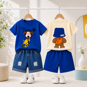 Googo Gaaga Boys Cotton Dog & Bear Printed T-Shirt & Shorts Set pack of 2 - Navy & Blue
