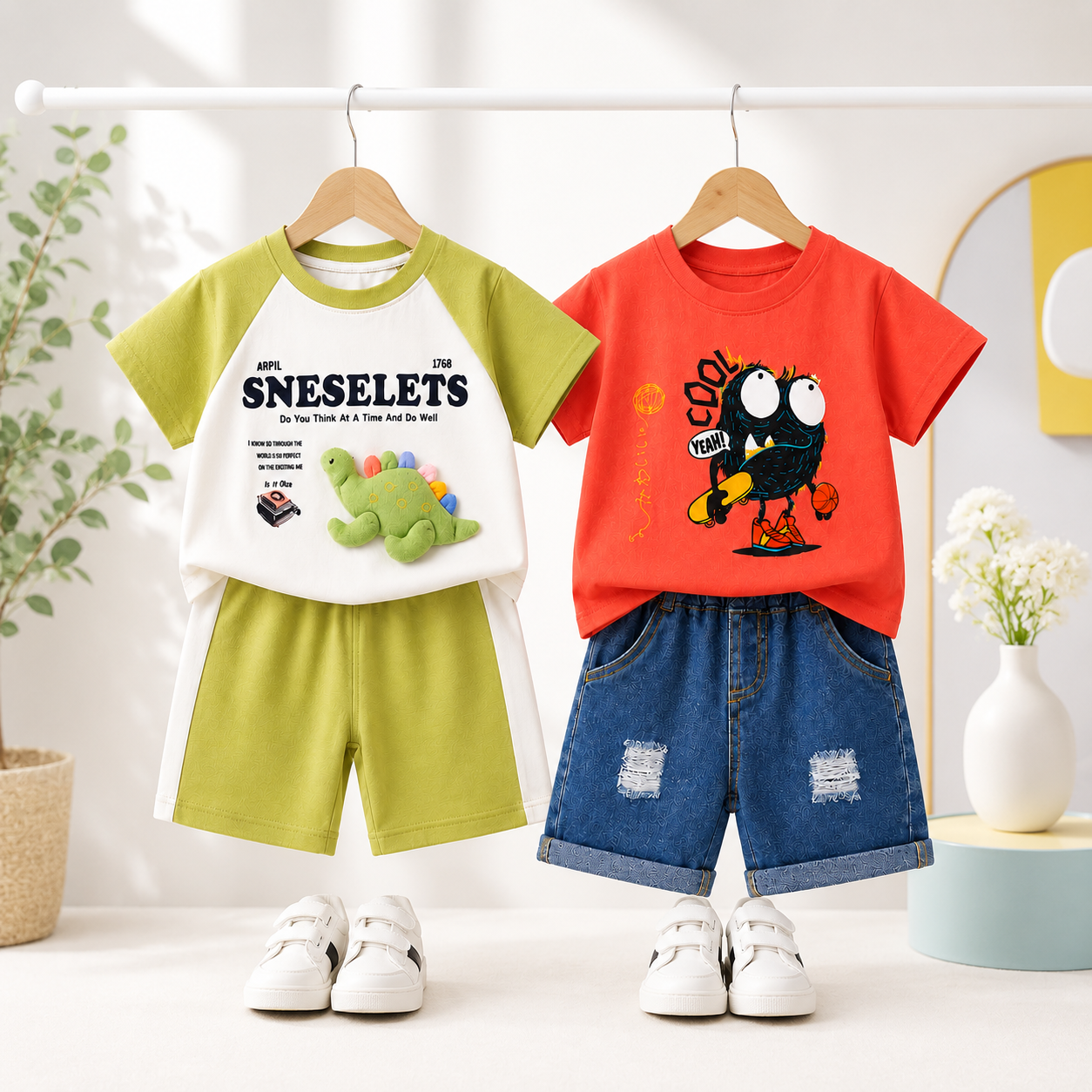 Googo Gaaga Boys Cotton Dino & Text Printed T-Shirt & Shorts Set pack of 2 - Red & Green