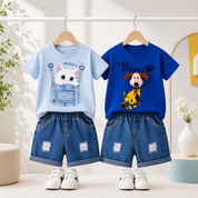 Googo Gaaga Boys Cotton Cat & Dog Printed T-Shirt & Shorts Set pack of 2 - Blue