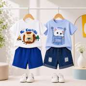 Googo Gaaga Boys & Girls Cotton Printed T-Shirt & Shorts Set pack of 2 - Blue & White