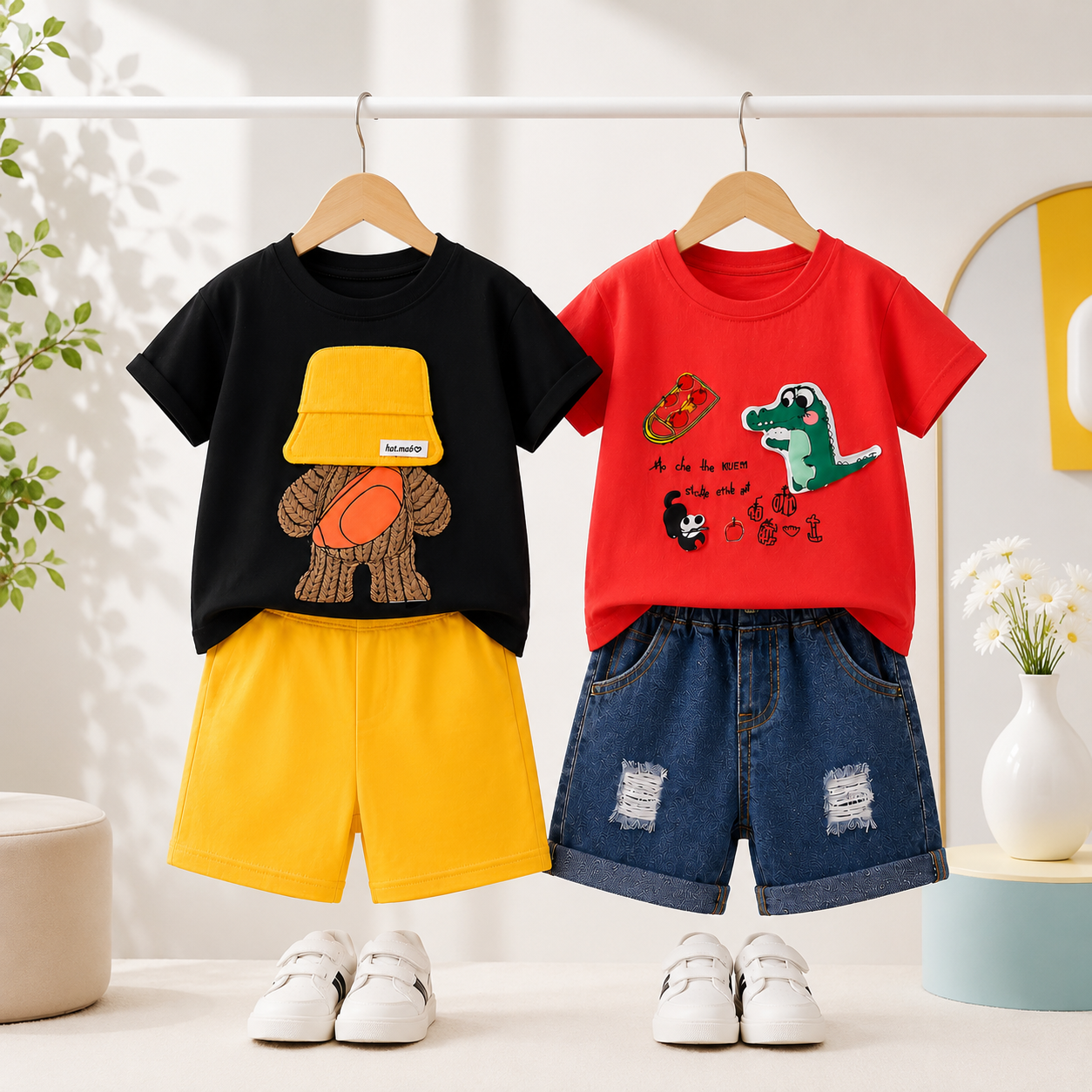 Googo Gaaga Boys Cotton Alligator & Bear Printed T-Shirt & Shorts Set pack of 2 - Black & Red