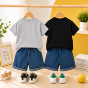 Googo Gaaga Boys Cotton Girafffe & Dog Printed T-Shirt & Shorts Set pack of 2 - Black & Grey