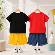 Googo Gaaga Boys Cotton Alligator & Bear Printed T-Shirt & Shorts Set pack of 2 - Black & Red