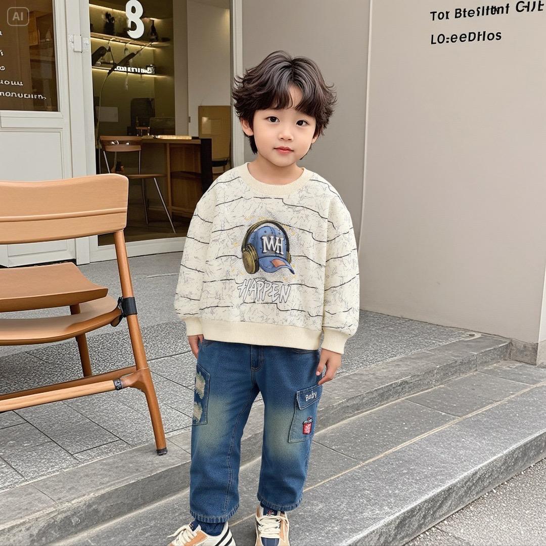 Boys Light Winter Cap Printed Sweatshirt And Denim Pant