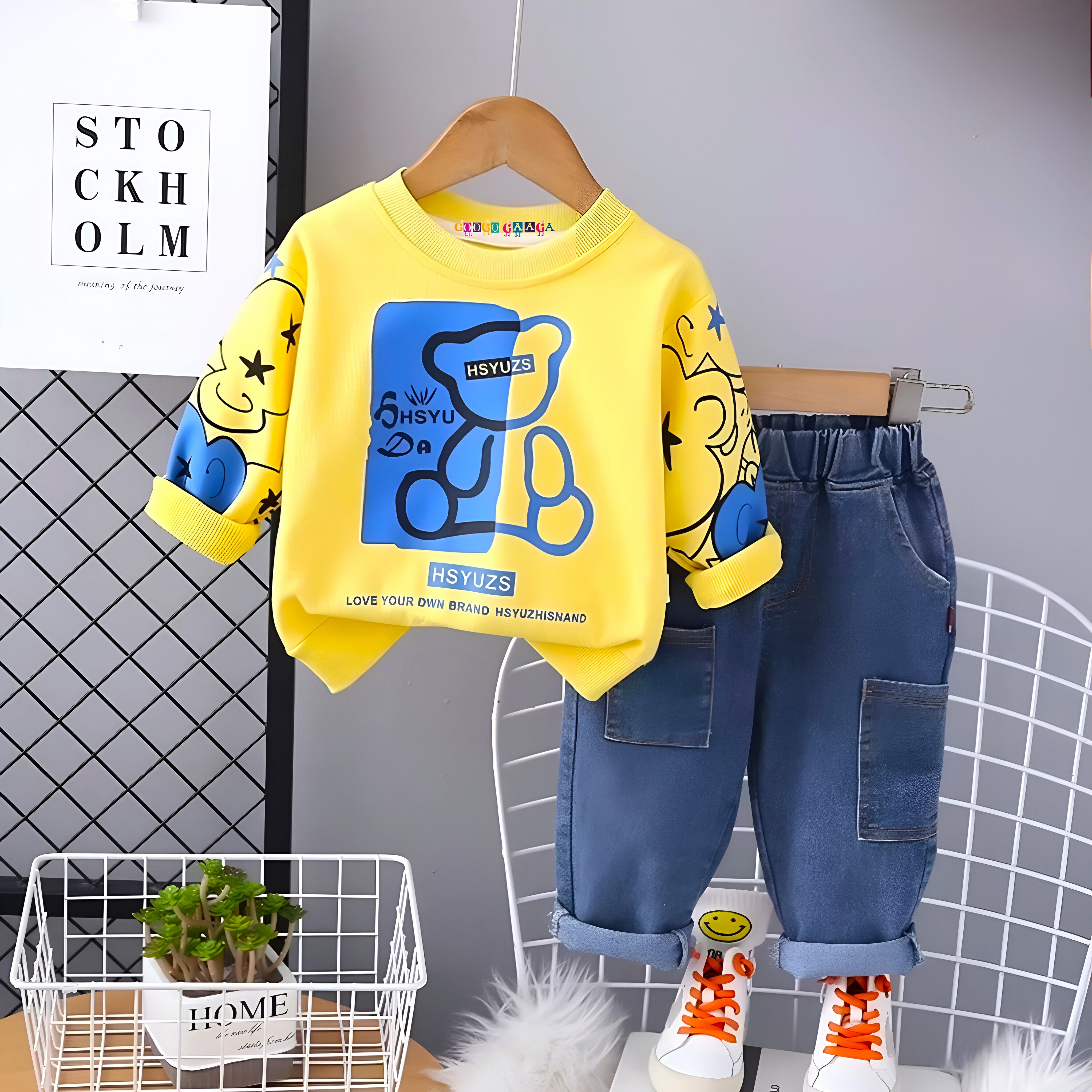 Boy's Yellow Teddy Print Sweatshirt & Pants Set