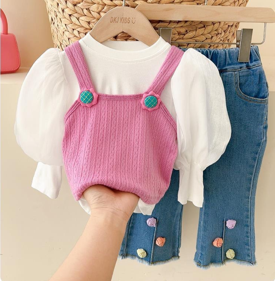 Girl's Pink Puff-Sleeve Top & Denim Pants Set
