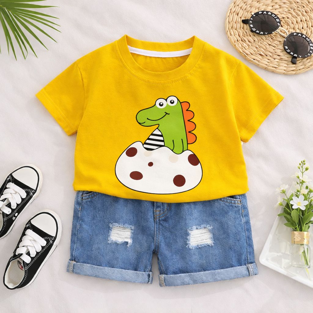 Googo Gaaga Boys Cotton EggDino Printed T-Shirt & Shorts Set - Yellow